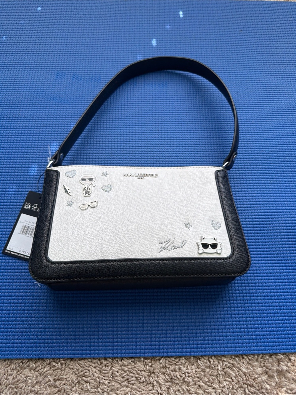 NEW Karl Lagerfeld Black and White Pebble Leather Shoulder Bag with Silver Acct